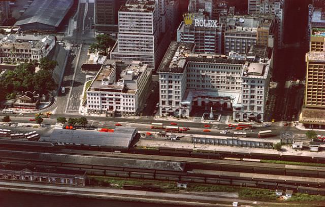Kowloon train station, the YMCA and the Peninsula Hotel, 1974