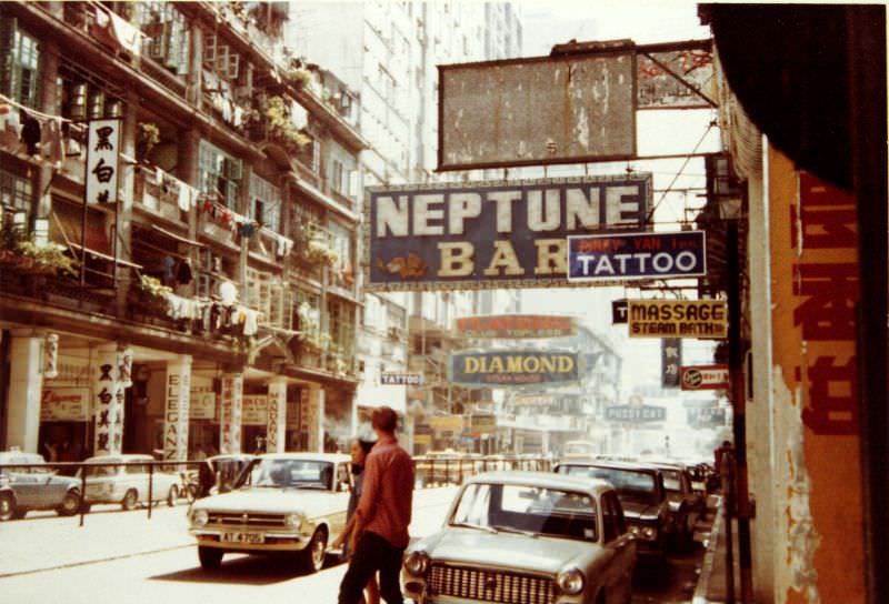 Neptune bar on Lockhart Road near Luard, Wanchai, Hong Kong, July 1972