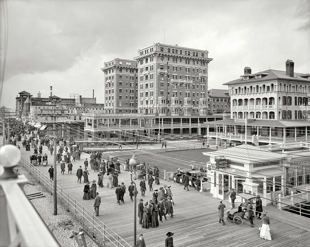 The Jersey Shore circa 1907. Hotel Chalfonte and Boardwalk, Atlantic City.