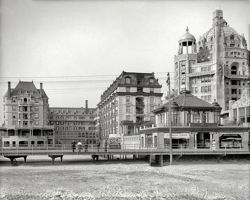 The Atlantic City Boardwalk circa 1908. Hotel Dennis. And the Marlborough-Blenheim at right, along with a number of supporting players high and low.