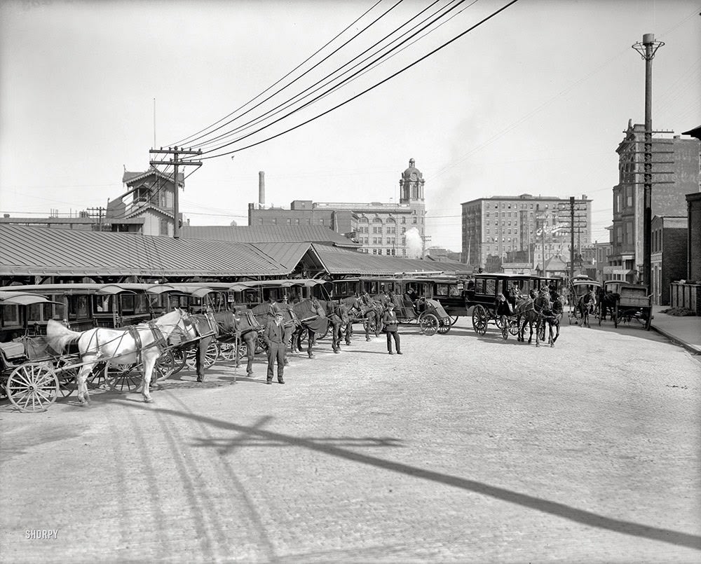 Circa 1906. Atlantic City, N.J., hotel busses at P.R. depot.