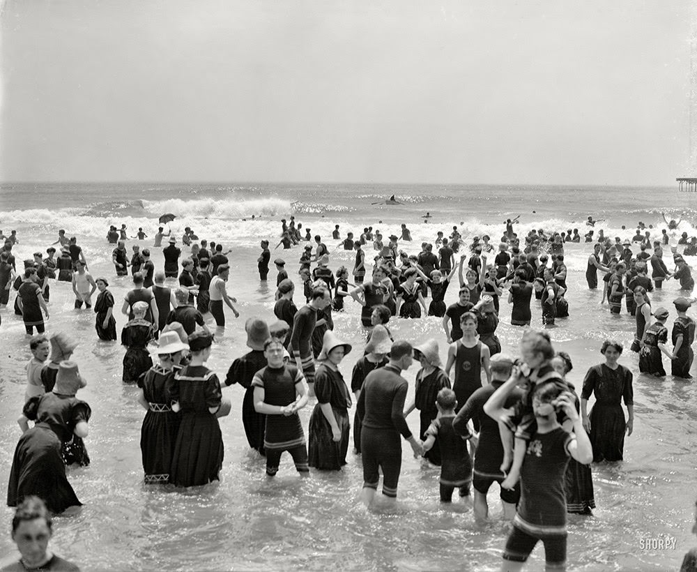 The Jersey Shore circa 1910. Bathers at Atlantic City. Many of them gamely striking a pose for the camera as they peer into the existential void.