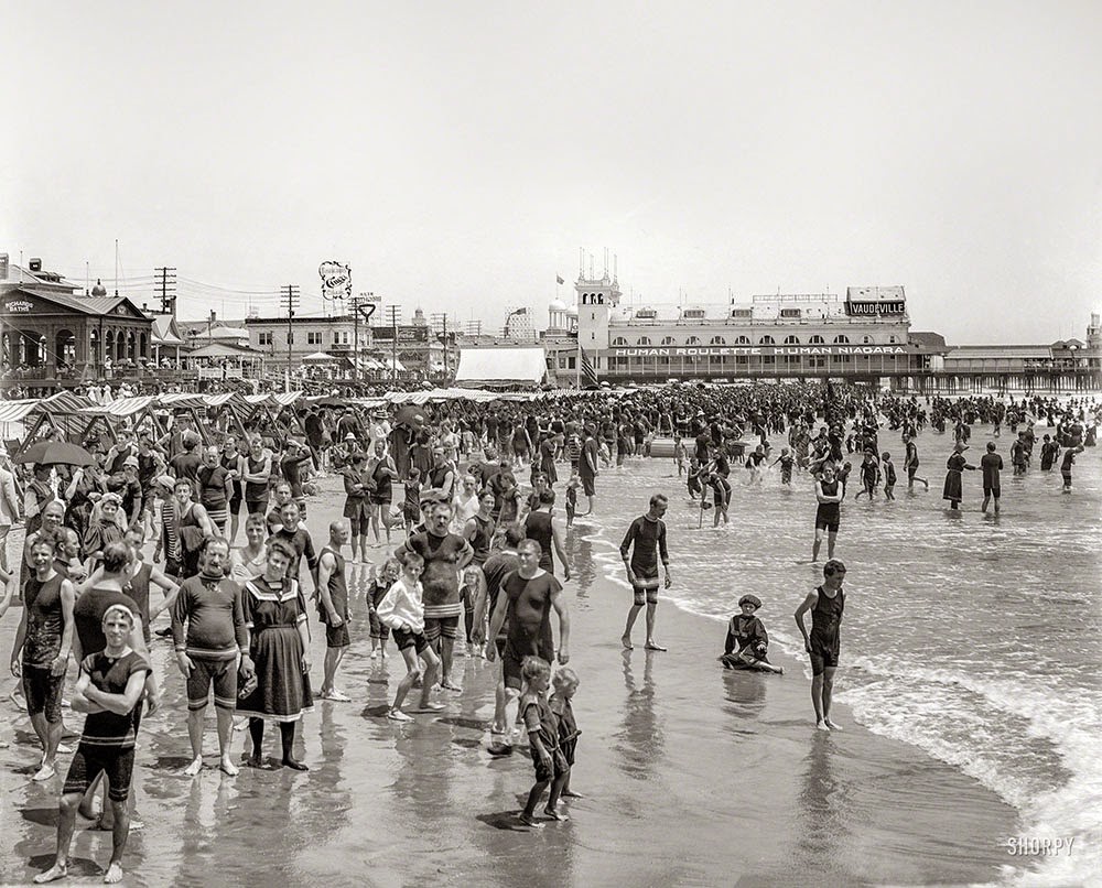The Jersey Shore circa 1908. Atlantic City bathing beach and Steeplechase Pier.