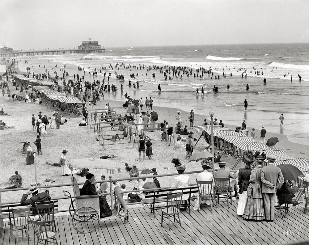 The Jersey Shore circa 1908. Atlantic City boardwalk and bathing beach.