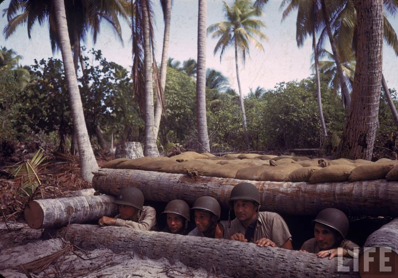 Group of American soldiers peering from a reinforced bunker on Tarawa during WWII.