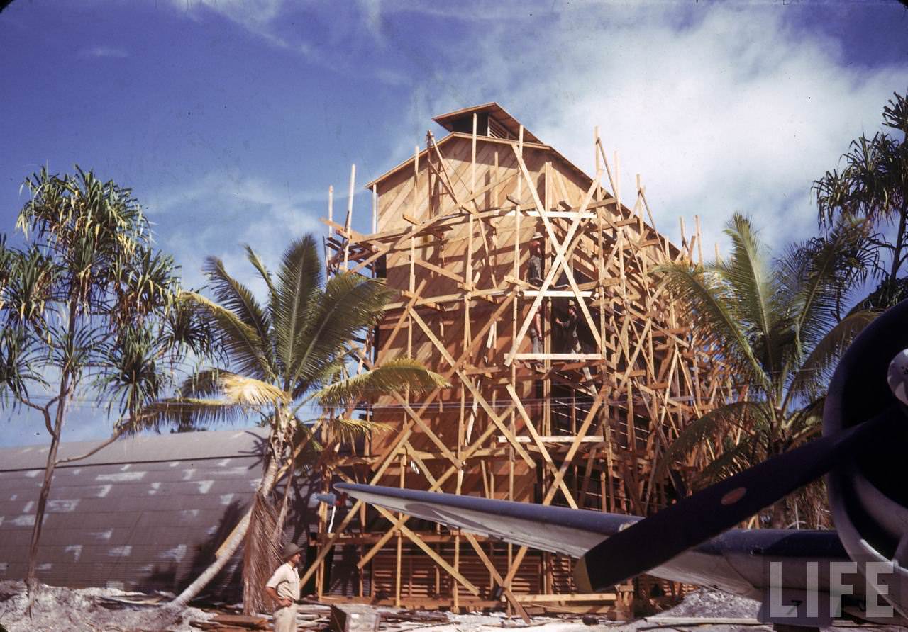 New building under construction at an American airbase on Tarawa during WWII.