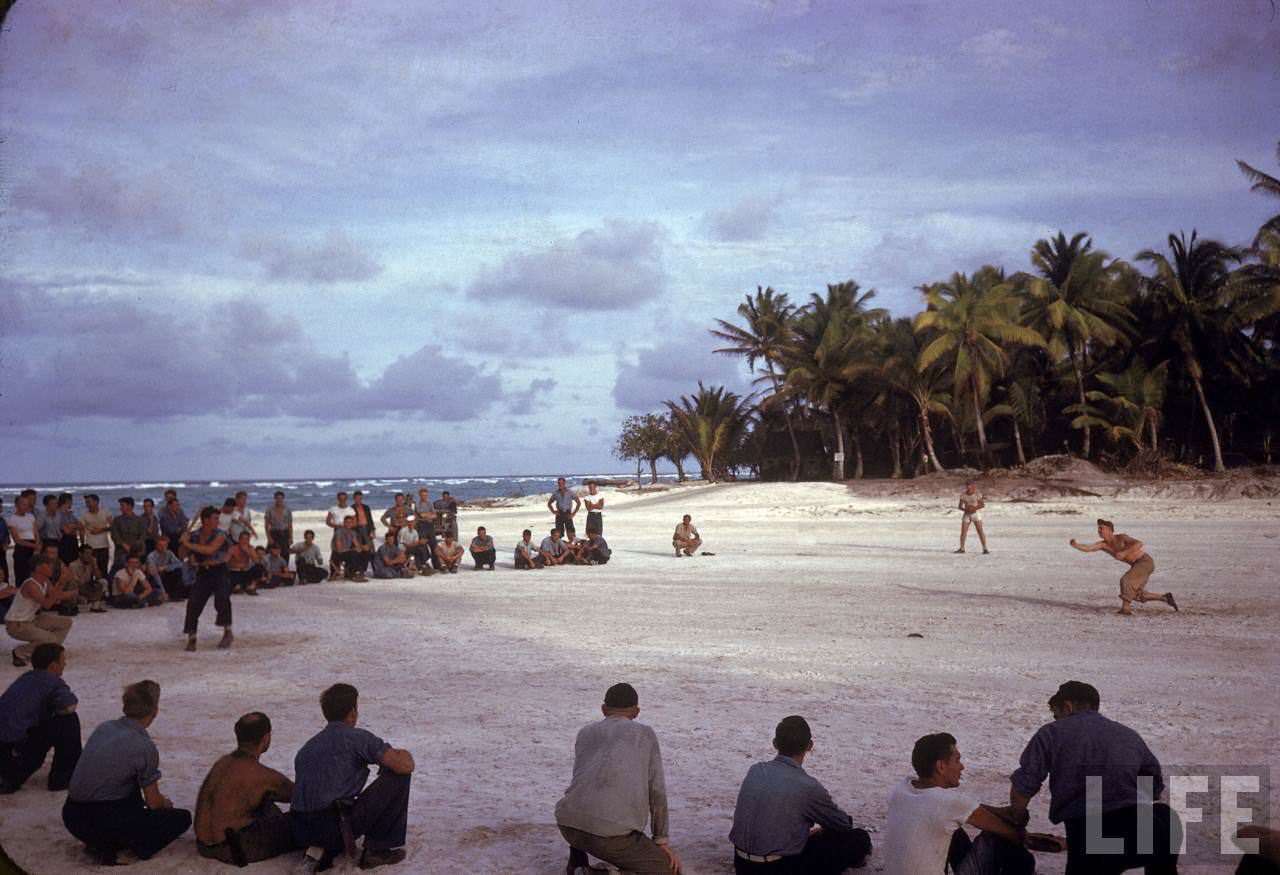 American troops on Tarawa playing softball during WWII.