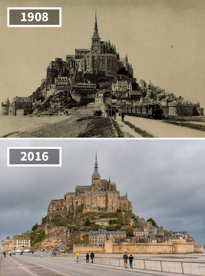 Horse Cart And Steam Locomotive, Mont Saint-Michel, France, 1908 – 2016