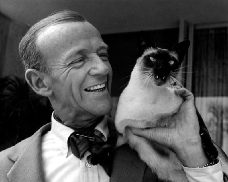 Fred Astaire with his Siamese cat, 'Carlyle,' on his shoulder, 1962