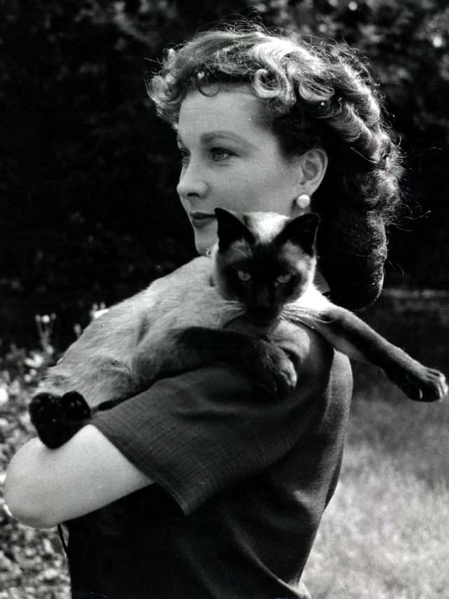 Vivien Leigh with 'New Boy,' her Siamese cat, 1940.