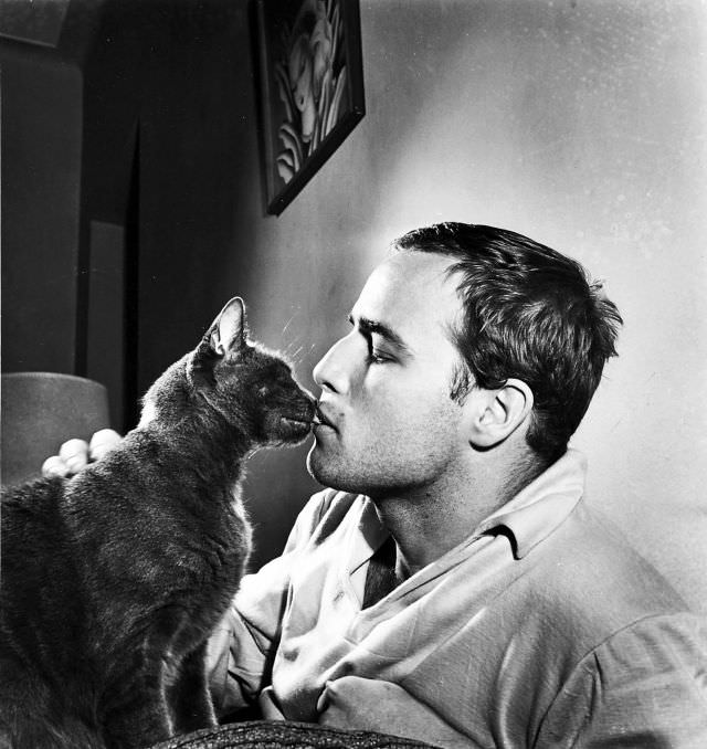 Marlon Brando kissing a cat at his home, 1950s.