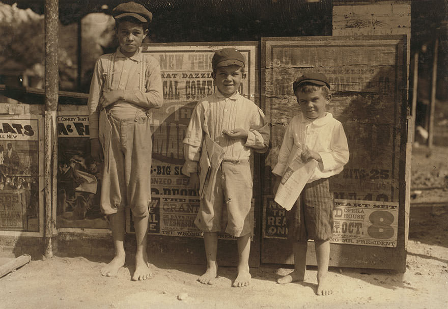 San Antonio newsboys need supervision. Here are three brothers. They all start out at 6:00 a.m. And sell until 9:00 and 10:00 p.m. Nearly every day except Sunday. I found them selling after ten p.m. Boyce said “we don’t go to school; got to sell papers. Father is sick.” Location: san Antonio, Texas
