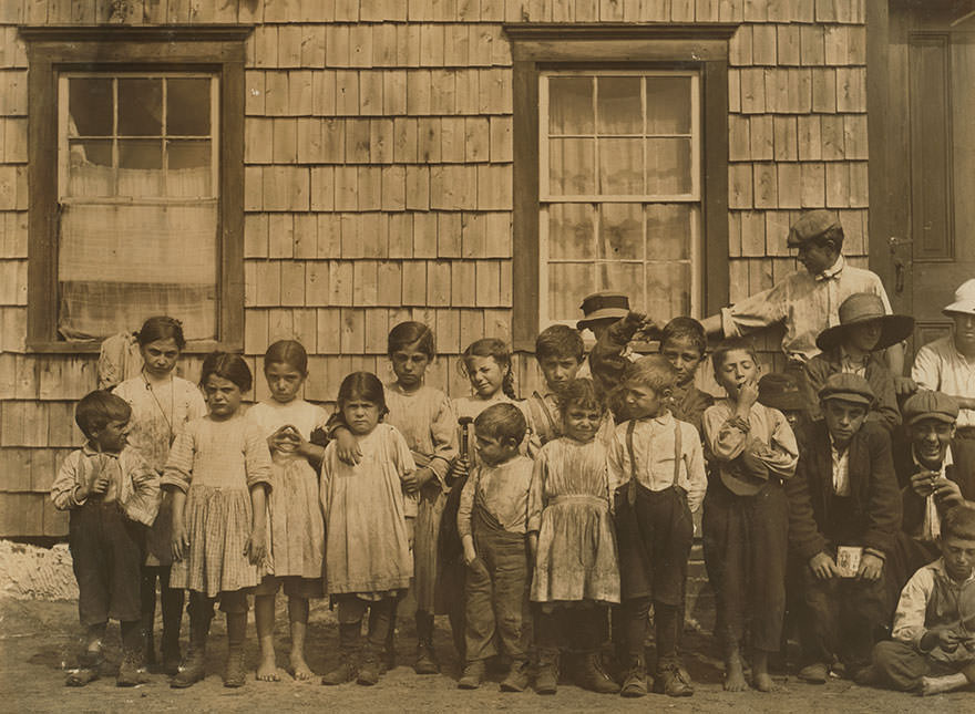 In front of shacks at noon, Florence colony, whites bog, browns mills, n.j. This is the fourth week of school and the people expect to remain two weeks more. Location: browns mills, new jersey