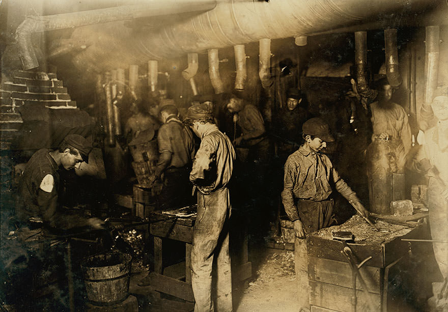 Glass works, night scene. Location: Indiana