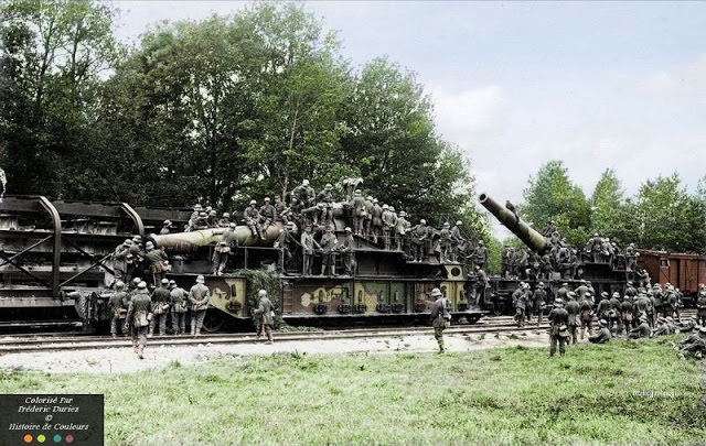 Captured railway guns at Mont-Notre-Dame, 7 km west of Fismes and 19km southeast of the city of Soissons in northern France, 1918