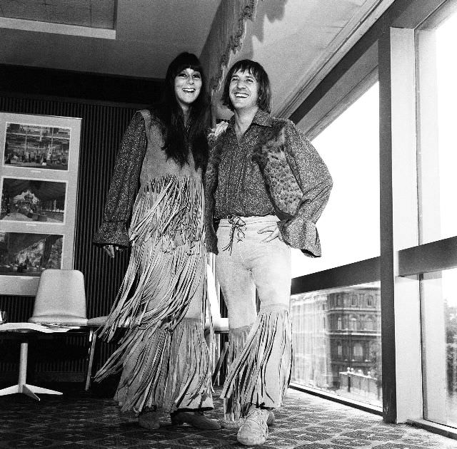 Sonny and Cher at Hilton Hotel during a press reception, London. Photo by Eric Harlow, 1965