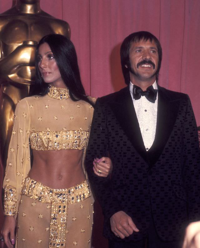 Cher and Sonny Bono attend the 45th Annual Academy Awards at Dorothy Chandler Pavilion. Photo by Ron Galella, 1973