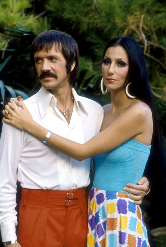 Sonny Bono and Cher pose for a promotional photo for 'The Sonny and Cher Show.' Photo by Martin Mills, 1970