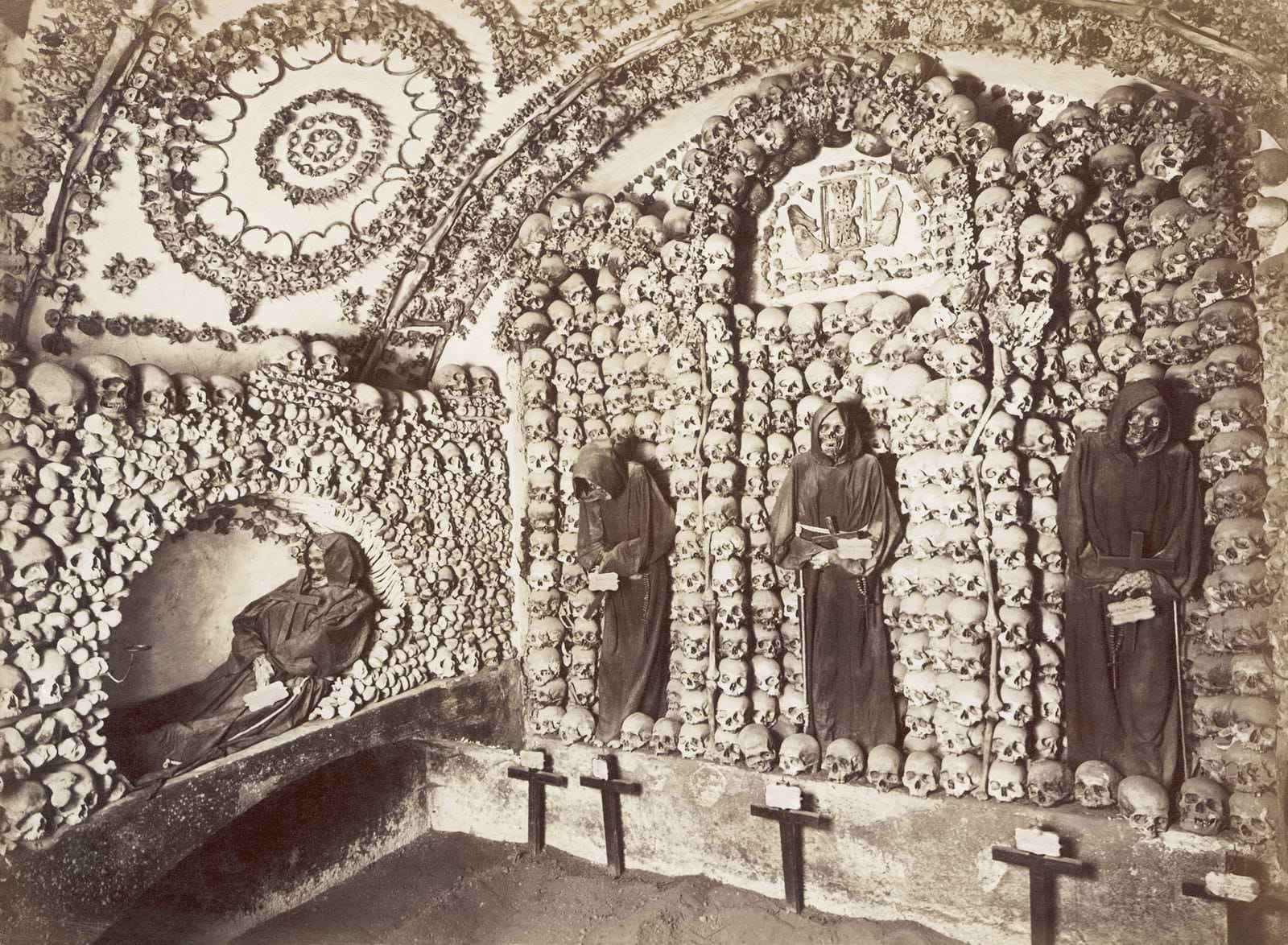 The ornately arranged skeletons of Rome’s Capuchin Crypt, circa 1900