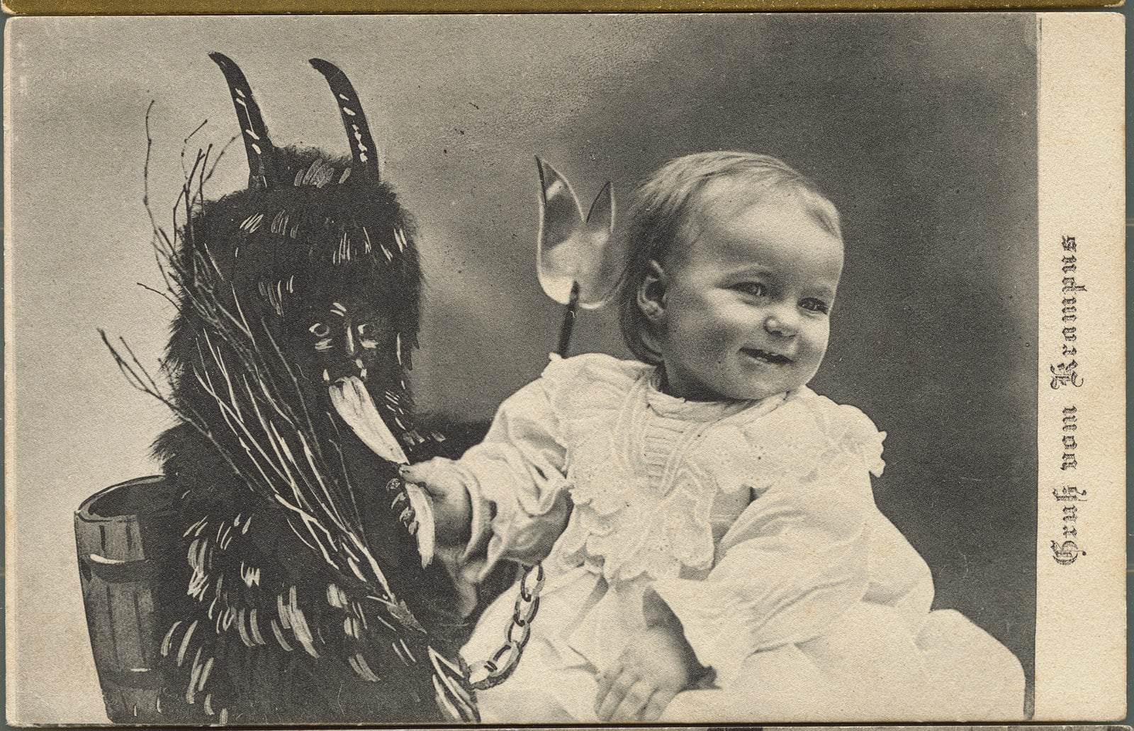This portrait of child getting cozy with Krampus, circa 1900