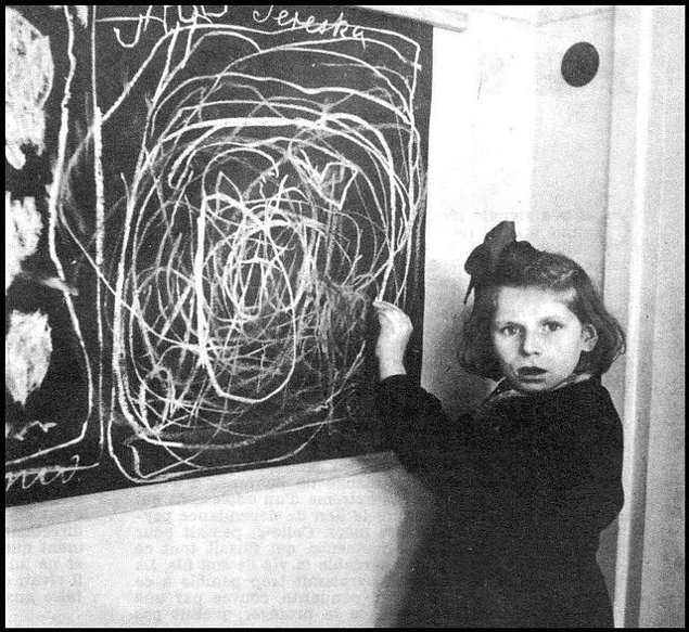 A girl who grew up in a concentration camp draws a picture of “home” while living in a “residence for disturbed children,” 1948