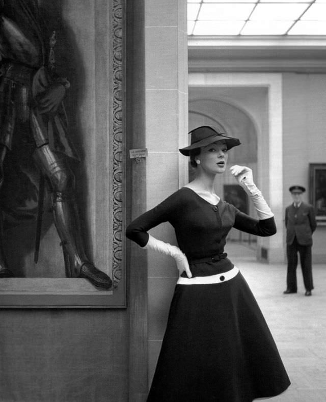 Ivy Nicholson in a wool jersey dress by Jacques Fath, photo by Georges Dambier, Musée de l'Orangerie, ELLE, March 29, 1954