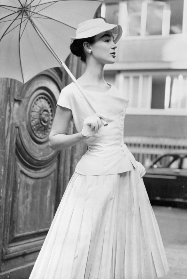 Ivy Nicholson wearing a Jean Desses two-piece dress in chalk white shantung and silk, February 1955