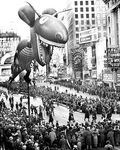 The dragon balloon roared down the parade route at the thirteenth annual Macy's Thanksgiving Day parade in 1937.