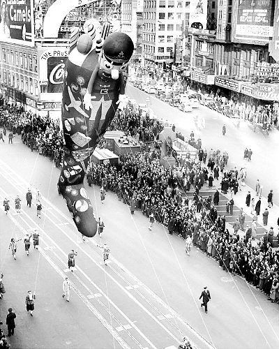 This stocking brought holiday cheer to the parade in 1937 as revelers waited for the Santa Claus float.