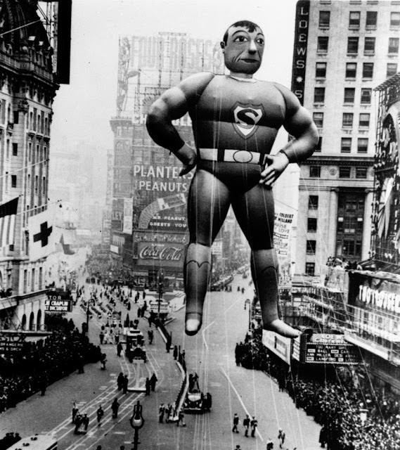 A helium inflated Superman rises over Times Square to lead the Macy's Thanksgiving Day Parade in 1940.