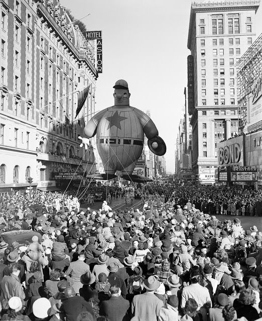 A giant baseball player float moves down 7th Avenue during the Macy' Thanksgiving Day Parade on Nov. 28, 1946.