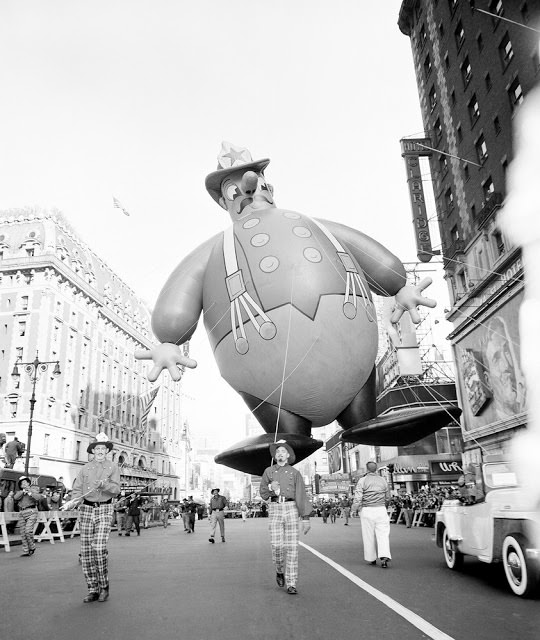 He was 46 feet tall and all gas. Helium, that is. This overwhelming gent floating along Central Park West at 68th St. is shown here in the 1949 parade.