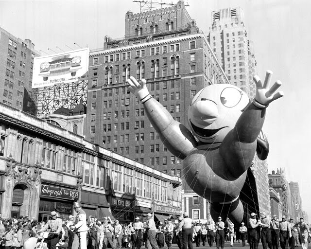 Mighty Mouse makes a spectacle of himself at Macy's Thanksgiving Day parade on November 22, 1956.