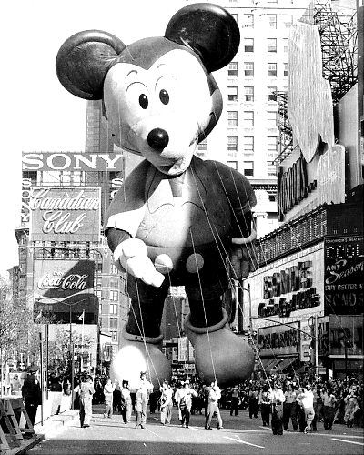 Mickey Mouse calmly surveys the crowd jammed along Central Park West and vice versa, at the 1973 Macy's Thanksgiving Day parade.