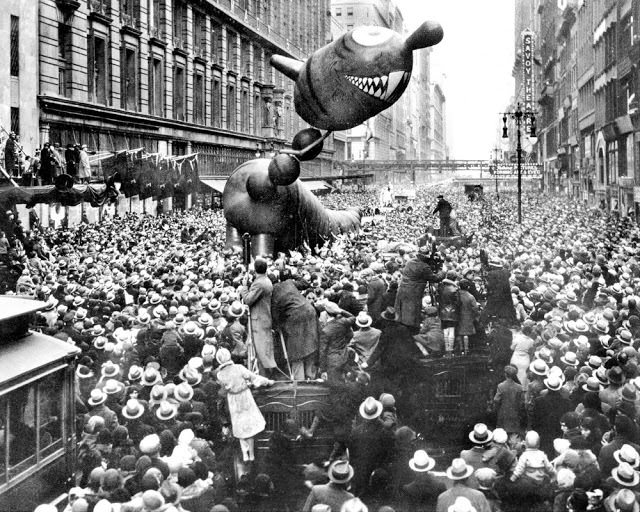 A not-too-ferocious dragon caught fancy of crowd at 1931 Macy's Thanksgiving Day Parade, November 21, 1931.