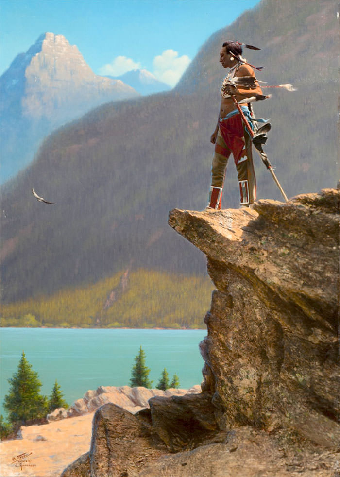 Northern Plains Man On An Overlook. Montana. Early 1900s. Hand-colored Photo By Roland W. Reed