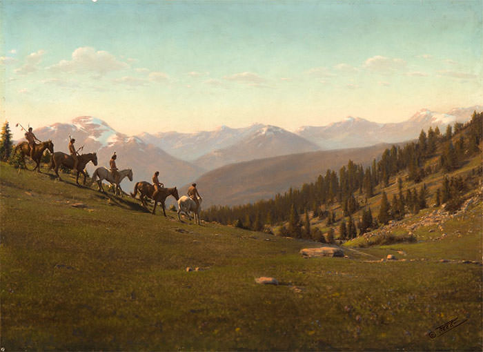 Handpainted Print Depicting Five Riders Going Downhill In Montana. Early 1900s. Photo By Roland W. Reed