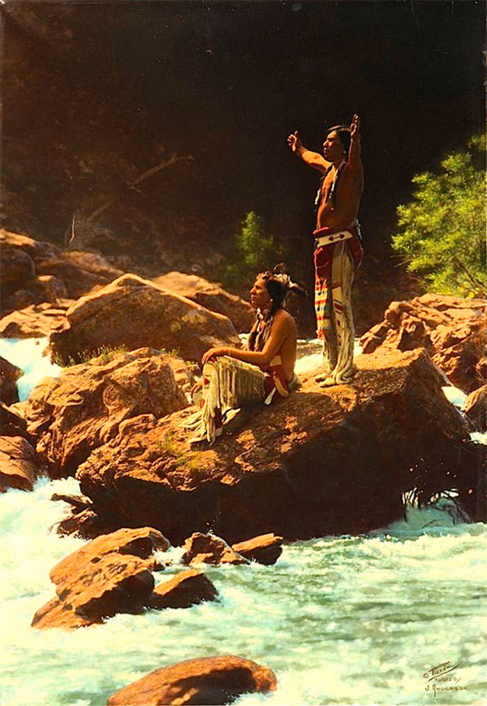 Piegan Men Giving Prayer To The Thunderbird Near A River In Montana. 1912. Photo By Roland W. Reed