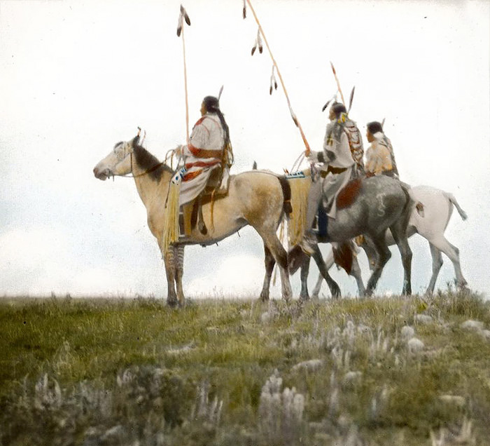 Riders With Coup Sticks. Blackfeet. Montana. Early 1900s. Glass Lantern Slide By Walter Mcclintr