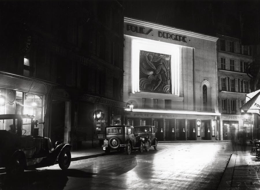 Les Folies Bergère, the theater where Josephine Baker performed, at night in 1929