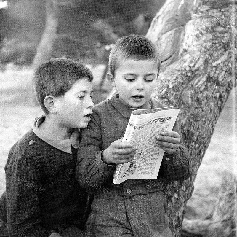 Boys reading a book, 1950