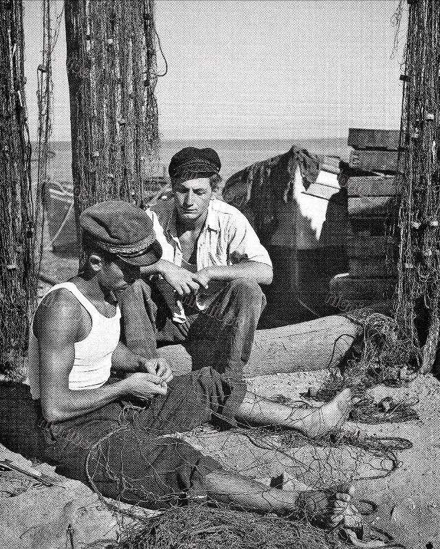 Fishermen at port, Thassos, August 1950