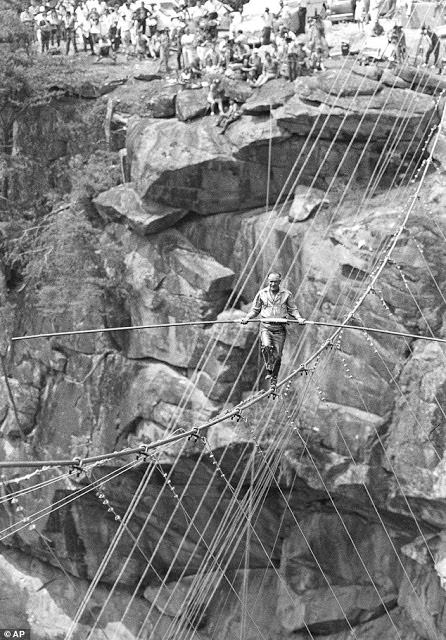 Circus legend Karl Wallenda crossing the Tallulah Gorge, 1970