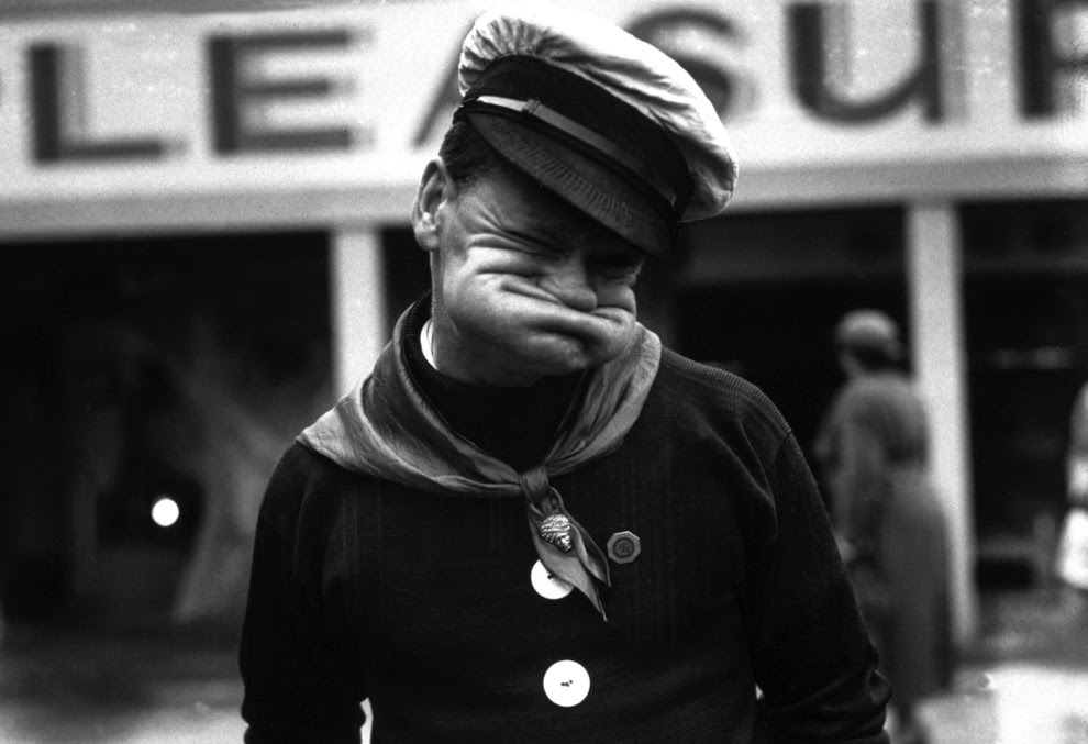 Facial contortionist Alfred Hyland, gurning during an exhibition in Glasgow, 1938