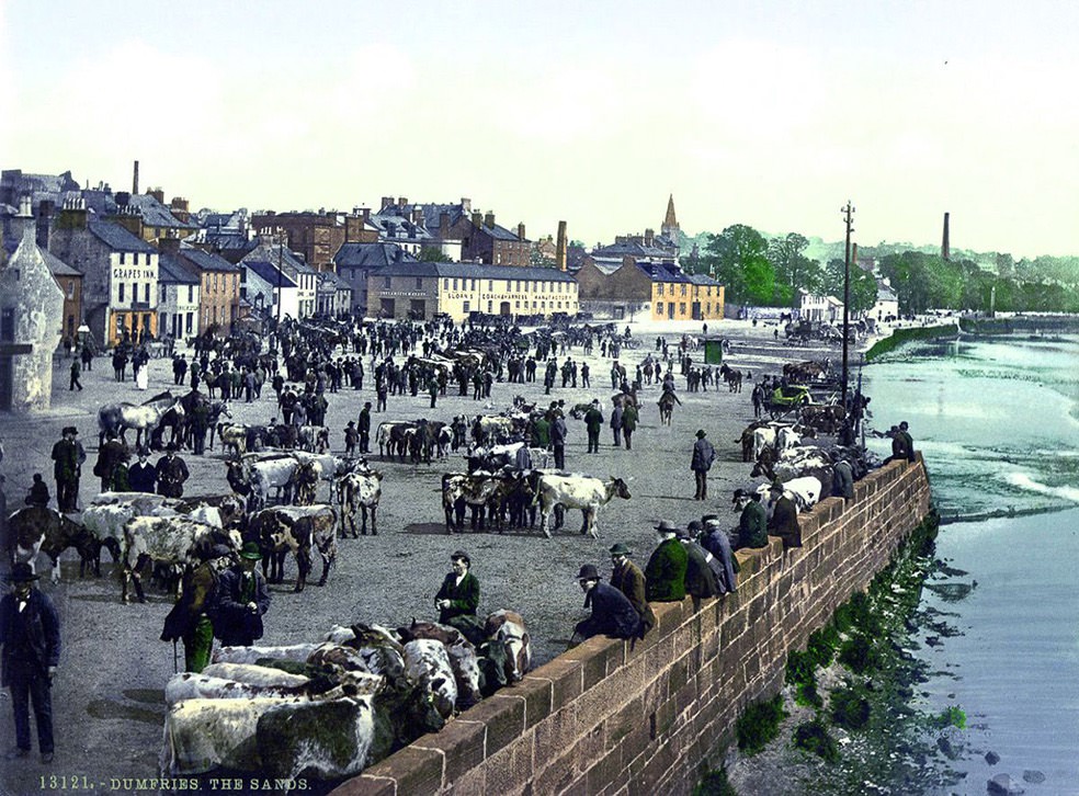 Farmers bring their cattle to the market town of Dumfries