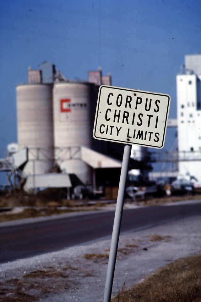 City limits on on Navigation Blvd., on the north side of the ship channel, near the cement plant and grain elevator in 1978