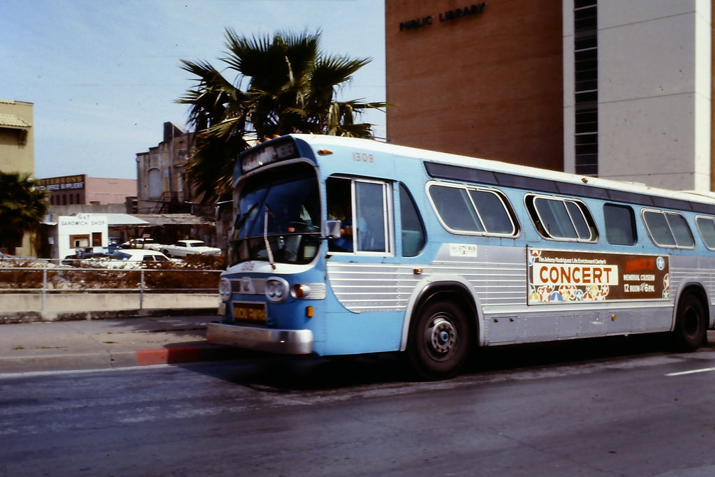 Corpus Christi City Bus on Schatzell St. next to the old library, 1978