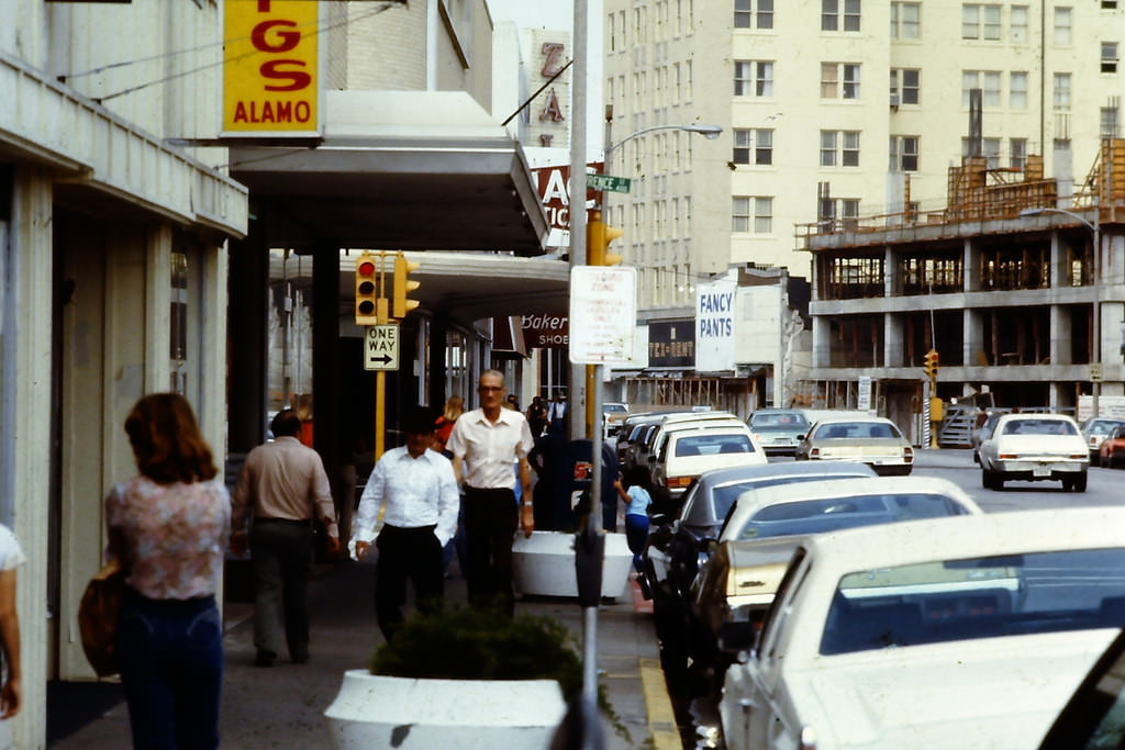Pedestrians on the street at 400 block N. Chaparral, 1977