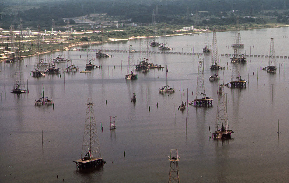 Off-shore oil wells in Galveston Bay, June 1972. (Blair Pittman/NARA)