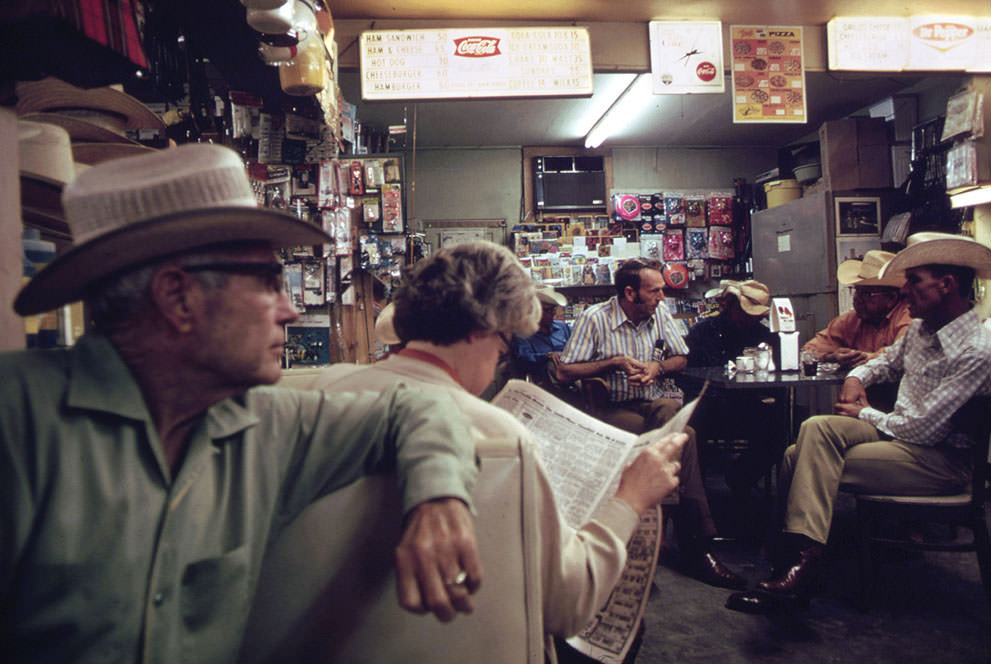 Drugstore in Leakey, Texas, during the noon hour, May 1973. (Marc St. Gil/NARA)